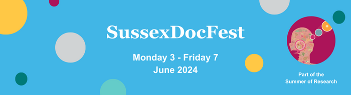 The logo for SussexDocFest, Monday 3rd to Friday 7th June 2024. Part of the Summer of Research.